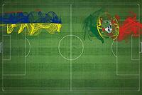 Mauritius vs Portugal Soccer Match, national colors, national flags, soccer field, football game, Competition concept, Copy space [IBR124240897]