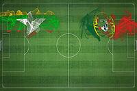 Myanmar vs Portugal Soccer Match, national colors, national flags, soccer field, football game, Competition concept, Copy space [IBR124240910]