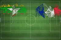 Myanmar vs France Soccer Match, national colors, national flags, soccer field, football game, Competition concept, Copy space [IBR124240918]