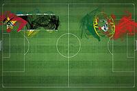 Mozambique vs Portugal Soccer Match, national colors, national flags, soccer field, football game, Competition concept, Copy space [IBR124240924]