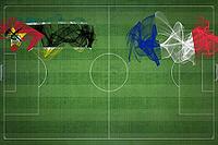 Mozambique vs France Soccer Match, national colors, national flags, soccer field, football game, Competition concept, Copy space [IBR124240927]