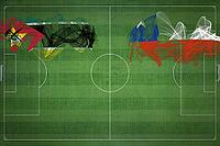 Mozambique vs Chile Soccer Match, national colors, national flags, soccer field, football game, Competition concept, Copy space [IBR124240938]