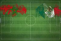 Morocco vs Mexico Soccer Match, national colors, national flags, soccer field, football game, Competition concept, Copy space [IBR124240939]