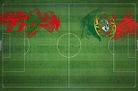 Morocco vs Portugal Soccer Match, national colors, national flags, soccer field, football game, Competition concept, Copy space [IBR124240940]
