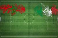 Morocco vs Italy Soccer Match, national colors, national flags, soccer field, football game, Competition concept, Copy space [IBR124240944]