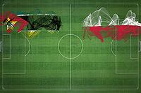 Mozambique vs Poland Soccer Match, national colors, national flags, soccer field, football game, Competition concept, Copy space [IBR124240946]