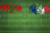 Morocco vs France Soccer Match, national colors, national flags, soccer field, football game, Competition concept, Copy space [IBR124240947]