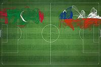 Maldives vs Chile Soccer Match, national colors, national flags, soccer field, football game, Competition concept, Copy space [IBR124240970]