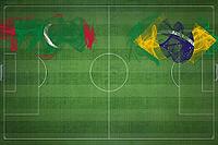 Maldives vs Brazil Soccer Match, national colors, national flags, soccer field, football game, Competition concept, Copy space [IBR124240974]
