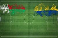 Madagascar vs Colombia Soccer Match, national colors, national flags, soccer field, football game, Competition concept, Copy space [IBR124240983]