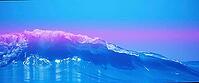 Combination of pink and blue waves with sunset reflections on the horizon, blue water and wave background, AI generated [IBR124458829]