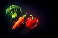 Colourful, glowing vegetables in neon colors against a black background, high-contrast display, healthy food, AI generated [IBR124458834]