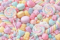 Multicolor sweets in pastel shades, including lollipops, macarons and jelly molds, pastel candy, AI generated [IBR124458840]
