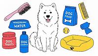 A cheerful white dog illustration surrounded by pet supplies water bowl, food bag, treats, shampoo, brush, bed and toys, conveying grooming, feeding, care and playful ai generated [IBR124458855]