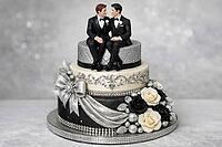 Elegant wedding cake with two men as a cake figure, decorated with black and white roses, wedding cake or theme cake for couples in love, AI generated [IBR124458856]