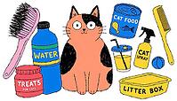 Adorable hand-drawn cat sits among colorful pet supplies and cat care items including food, treats, water, brush, comb, litter box and toys image for pet projects. ai generated [IBR124458863]