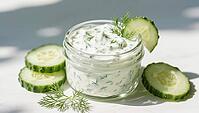 Fresh tzatziki in a glass, decorated with dill and cucumber slices, in sunlight, delicious dip, perfect as a side dish for meals and parties, AI generates, AI generated [IBR124458874]