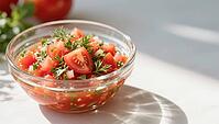 Fresh tomato salad in a glass bowl, minimalistically presented in bright light, hearty party salad, beautifully presented in a glass, AI generated [IBR124458878]