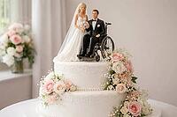 Finely decorated white cake with bride and groom standing bride, groom in wheelchair, wedding cake or theme cake for couples in love, AI generated [IBR124458883]