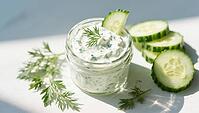 Creamy tzatziki in a jar with dill and cucumbers, playing light on the surface, delicious dip, perfect as a side dish for meals and parties, AI generates, AI generated [IBR124458889]