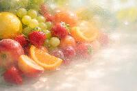 Blurred display of fruits behind glass with light-filled, soft atmosphere, healthy food, AI generated [IBR124458894]