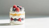A glass of layered dessert with yoghurt, golden layer and fresh berries, minimalistically bright, delicious dessert, beautifully presented, AI generated [IBR124458897]