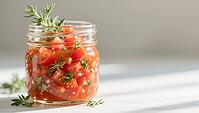 Tomato salad in a screw-top jar with rosemary, illuminated by bright light, hearty party salad, beautifully presented in a glass, AI generated [IBR124458909]