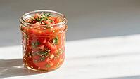 Screw jar filled with tomato salad and herbs in natural light, hearty party salad, beautifully presented in a glass, AI generated [IBR124458912]