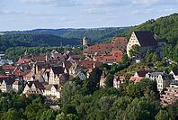 View of the old town of Schwäbisch Hall, Neubausaal, Konrhaus, St. Michael's Church, Hohenlohe, Germany [IBR124469144]