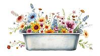 Colorful flower box with various flowers in pastel colors, decorated in a watercolor style, nostalgic watercolor painting with pastel flowers on a white background, in rustic style, AI generated [IBR124494026]