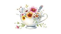 Bouquet of flowers in white tea cup, delicate and picturesque illustration, vivid colors, nostalgic watercolor painting with pastel flowers on a white background, in rustic style, AI generated [IBR124494036]