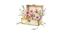 An opened box filled with colorful, delicate watercolor style flowers, nostalgic watercolor painting with pastel flowers on a white background, rustic style, AI generated [IBR124494038]