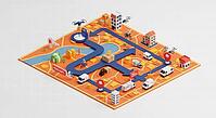 Isometric map depicting delivery routes with drones and vehicles in a vibrant, orange style, AI generated [IBR124494060]