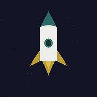 A clean flat design illustration of a white rocket launching upward against a dark navy starfield background. The rocket features a teal pointed nose cone, a circular porthole window with a teal ring, gold swept-back fins and a bright gold flame bursting  [IBR124494077]