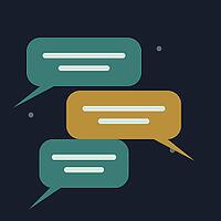 A clean flat design illustration of three speech bubbles arranged in a conversation layout on a dark navy background. Two teal bubbles and one gold bubble represent a back-and-forth dialogue, each containing simple content lines. Ideal for communication,  [IBR124494085]