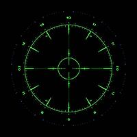 A high-tech futuristic military targeting scope display with a neon green glowing crosshair reticle on a deep black background. Features concentric scanning rings with degree markings, precision tick marks and a central target circle, creating an authenti [IBR124494088]