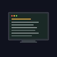 A clean flat design illustration of a dark laptop computer displaying a code editor or terminal window on a dark teal-green screen. Three macOS-style traffic light buttons in red, orange and green appear in the top-left corner, with a gold highlighted tit [IBR124494097]