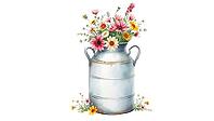 An old milk jug with a variety of colorful wild flowers, nostalgic watercolor painting with pastel flowers on a white background, in rustic style, AI generated [IBR124494100]