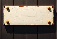 A photorealistic close-up of a blank vintage metal wall plaque mounted on a dark wooden wall. The horizontal rectangular plaque features a cream off-white matte paint surface with heavy craquelé cracking and chipping at the edges, revealing rusty orange-b [IBR124494101]