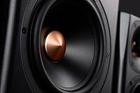 Sound speaker on dark background, close up. Set for listening music. Audio equipment [IBR124497422]