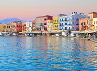 Venetian habour of Chania with historical houses at sunny day, Crete, Greece [IBR124497466]