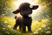 A playful lamb with daisies in its mouth stands on a sunny flower meadow, a butterfly nearby, watercolor black sheep, AI generated [IBR124550722]