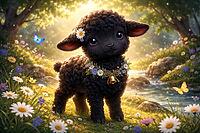 A joyful looking lamb with a wreath of bells stands in a flower meadow under trees with butterflies, watercolor black sheep, AI generated [IBR124550723]