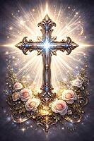 Shiny cross with pastel flowers and magical light effects, Christian symbol for cards, for religious festivals, such as baptism, communion, confirmation, Easter, confirmation or for mourning cards, AI generated [IBR124550724]