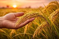 Human hand gently touching mature rice stalks in a glowing field with soft sunset tones behind, AI generated [IBR124550726]