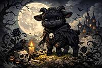 A black lamb with a skull cape stands next to a candle and a skull in front of a full moon and haunted house, Halloween, watercolor black sheep, AI generated [IBR124550727]