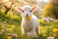 A cute lamb with flowers in its mouth looks curiously and peacefully in a meadow, AI generates, AI generated [IBR124550728]