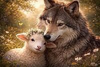 A wolf and a lamb lie peacefully together on a flower-decorated meadow in the evening light, wolf and lamb, illustration, AI generated [IBR124550729]