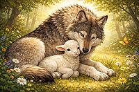 A wolf and a lamb cuddling in the forest surrounded by flowers and butterflies in the light, wolf and lamb, illustration, AI generated [IBR124550731]