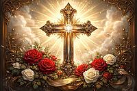 Magnificent cross with golden glow surrounded by red and white roses, Christian symbol for cards, for religious festivals, such as baptism, communion, confirmation, Easter, confirmation or for funeral cards, AI generated [IBR124550732]